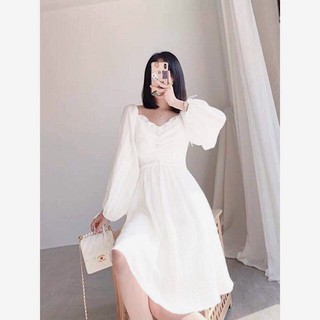 Đầm váy freesize trắng nút bọc cổ bèo