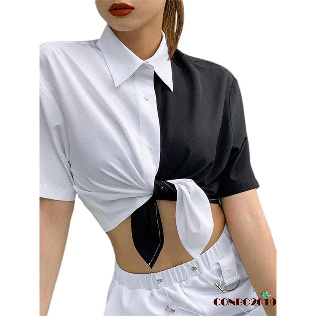 HGM-Summer trend fashion T-shirt black and white punk style short sleeve lapel tie knot shirt shirt women