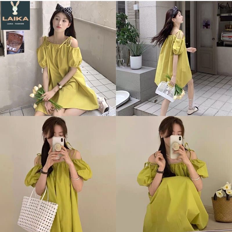 Váy babydoll nữ 2 dây trễ vai tay bồng dễ thương- Đầm maxi nữ đi biển màu xanh cốm basic ULAZANG hàn quốc - LAIKA
