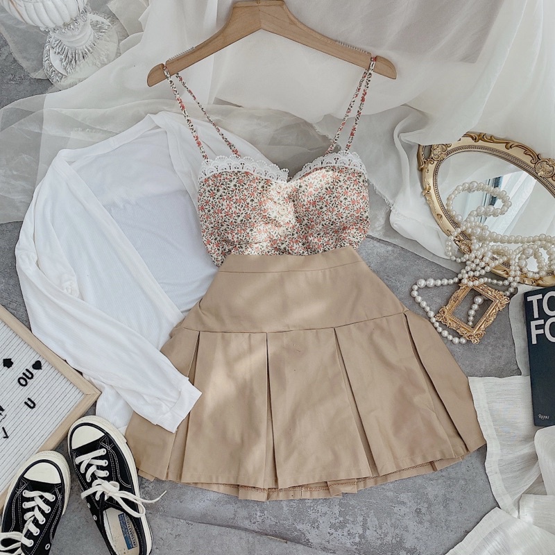 SET 3 MÓN ÁO HOA REN 2 DÂY + CHÂN VÁY KEM XẾP LY + ÁO KHOÁC TRẮNG