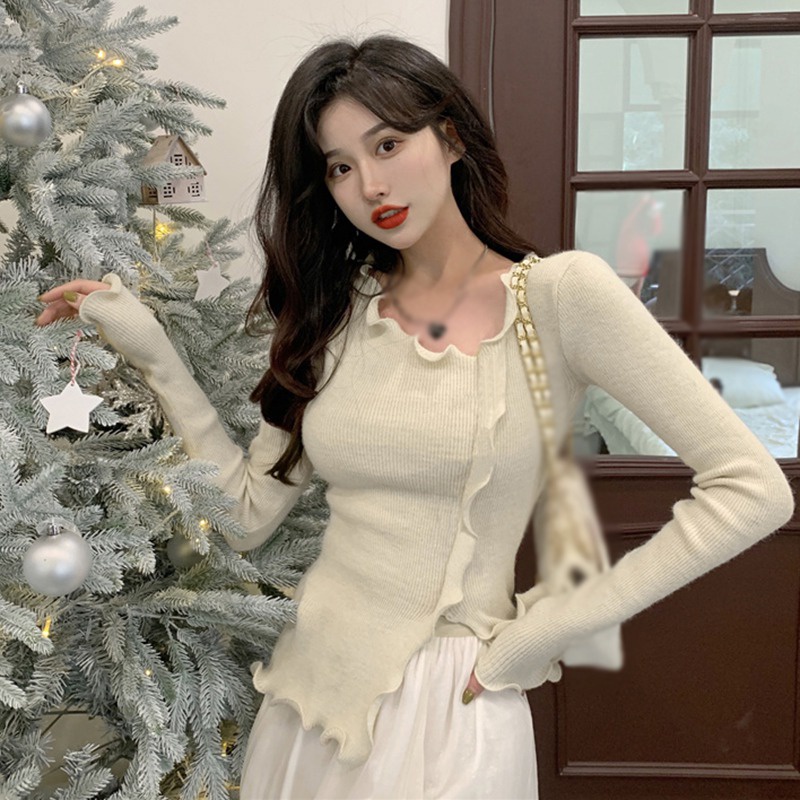 Áo dệt kim tay dài cổ chữ V quyến rũ dễ phối đồ dành cho nữ