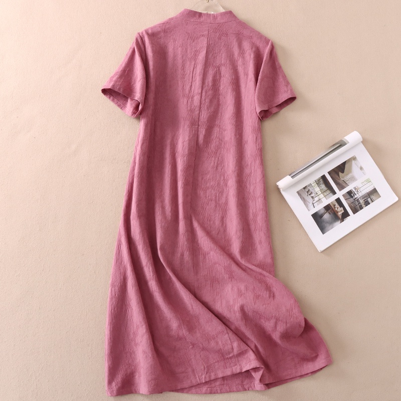 Đầm linen dáng suông cổ tàu thêu hoa, Váy đầm nữ Linen thiết kế dáng dài Da176