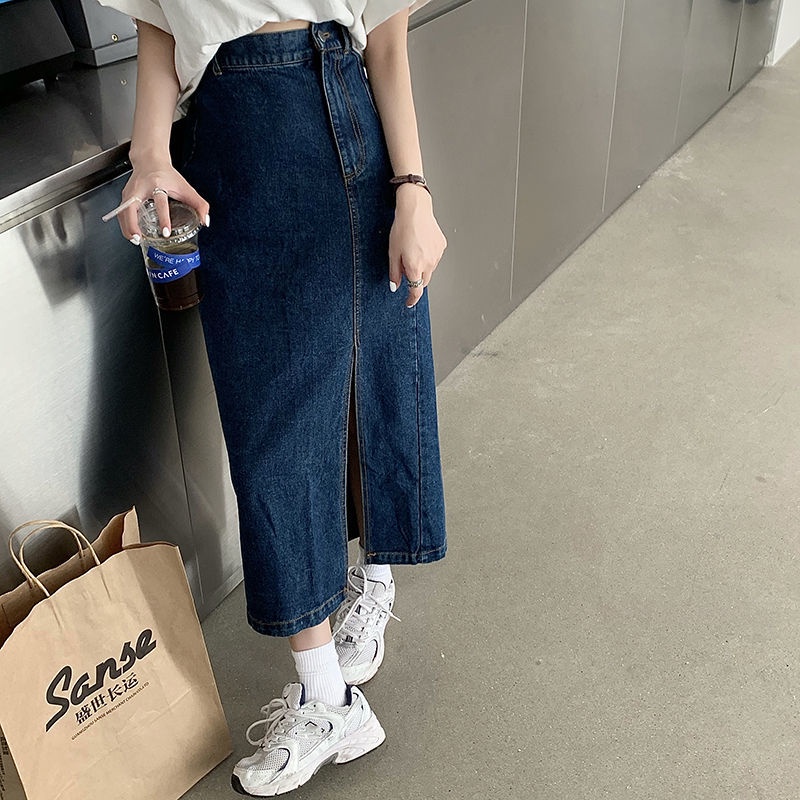 IMAODOU Chân váy jean chữ A lưng cao xẻ tà thời trang mùa xuân dành cho nữ