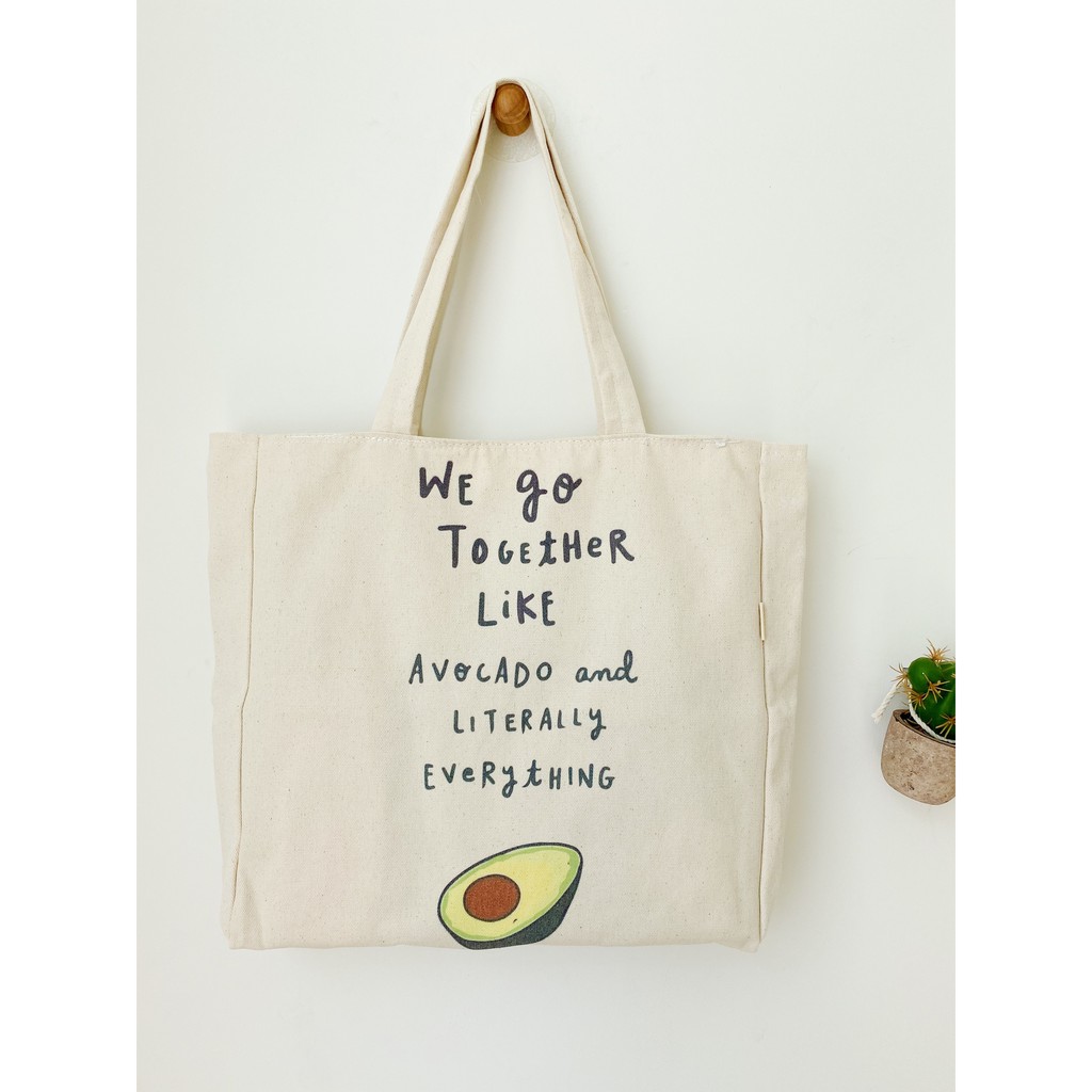 Túi Tote Túi Vải Canvas Học Sinh phối màu Form To Phong Cách Hàn Quốc In Hình Bơ Chữ