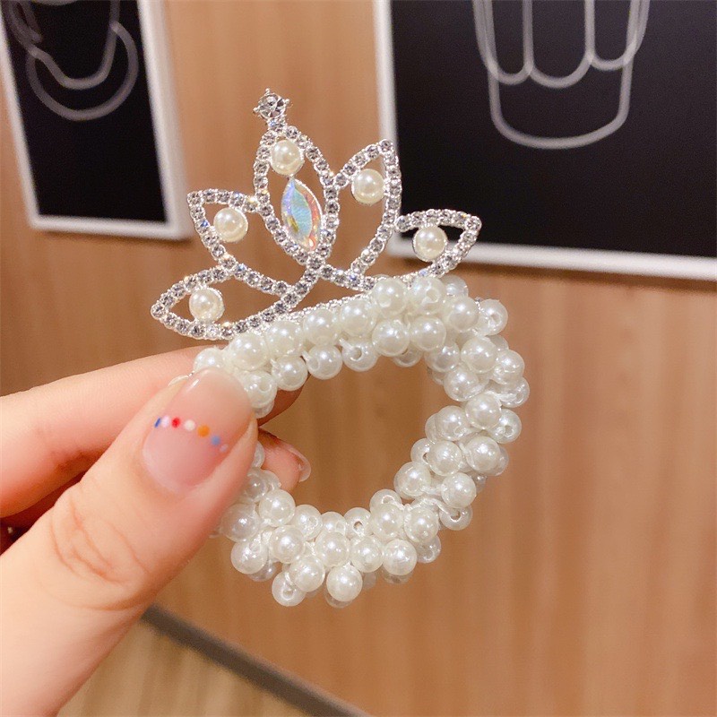 Dây buộc tóc đính đá vương miện, búi tóc đính đá vương miện ngọc trai siêu xinh cho bé gái