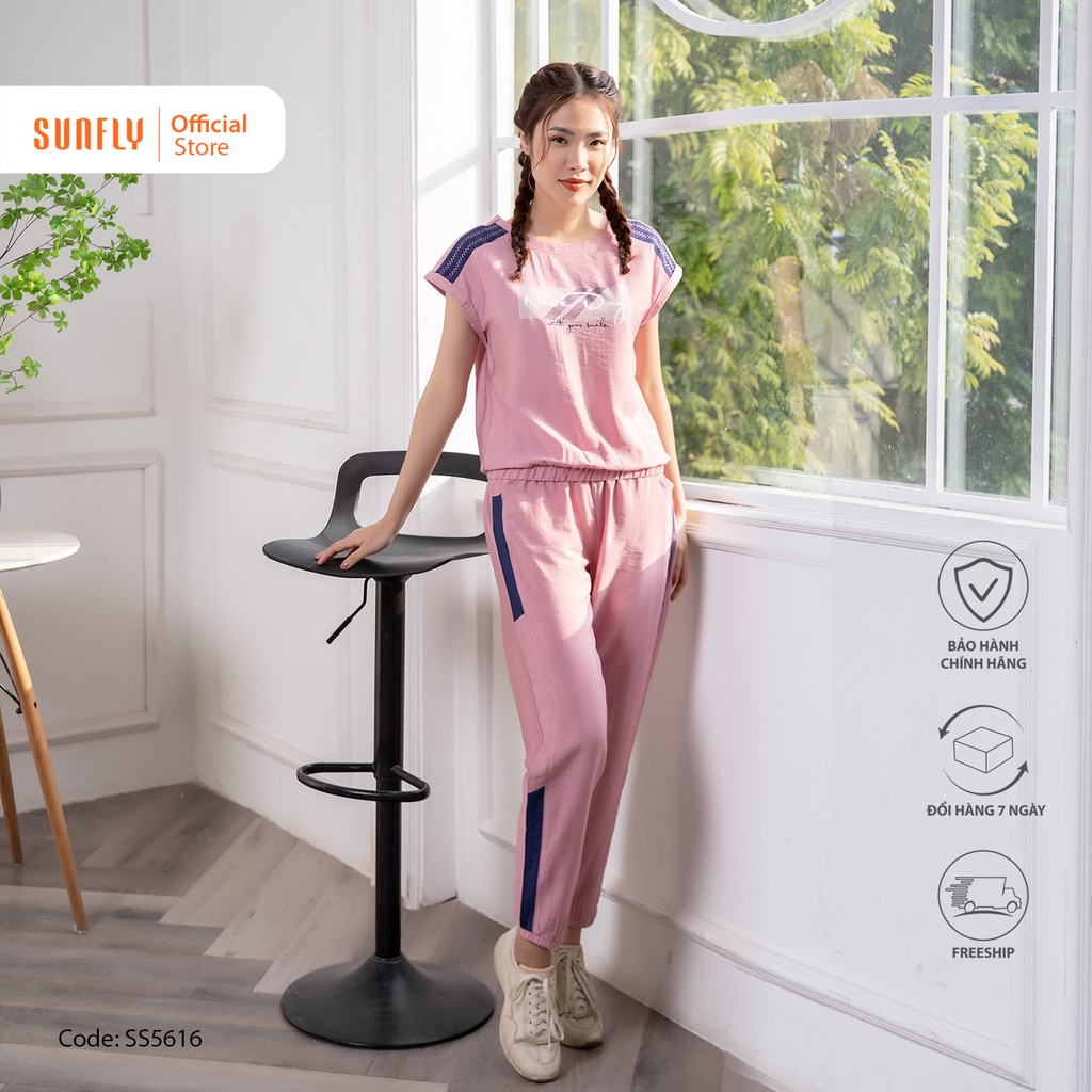 Bộ đồ mặc nhà nữ thể thao linen SUNFLY áo tay trễ, quần dài SS5616