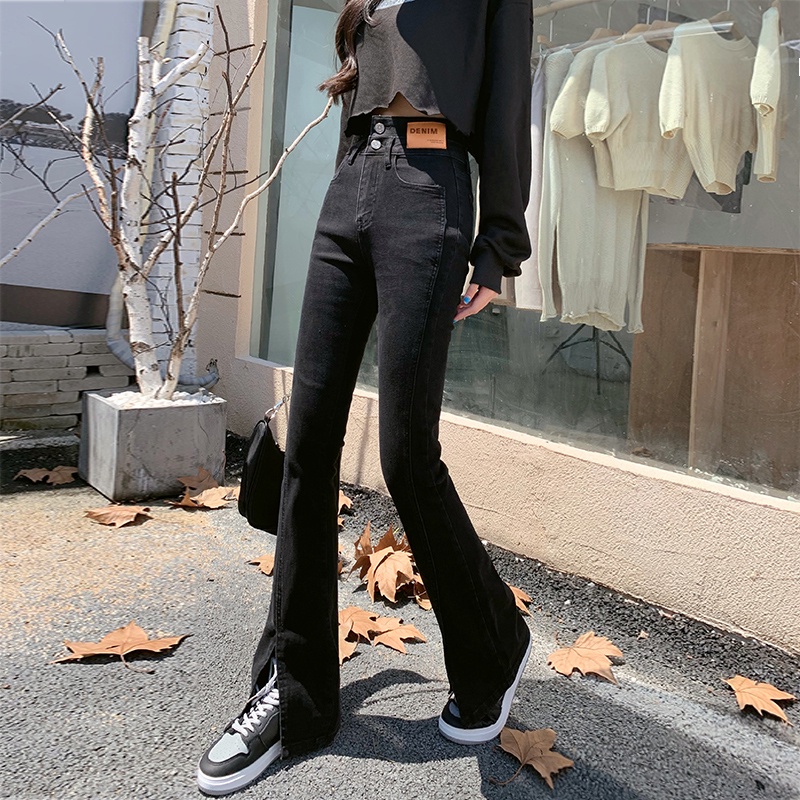 Quần Jeans Nữ Lưng Cao Ống Loe Xẻ Tà Thời Trang Mùa Xuân Size S-2xl