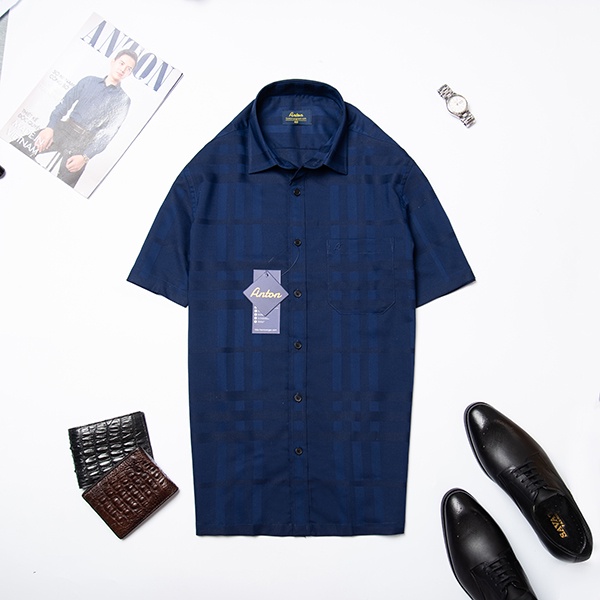 Áo Sơ Mi Nam Công Sở Trung Niên Anton Xanh Tím Than Ngắn Tay Kẻ Caro Thoáng Mát, Thấm Hút Mồ Hôi - NT201