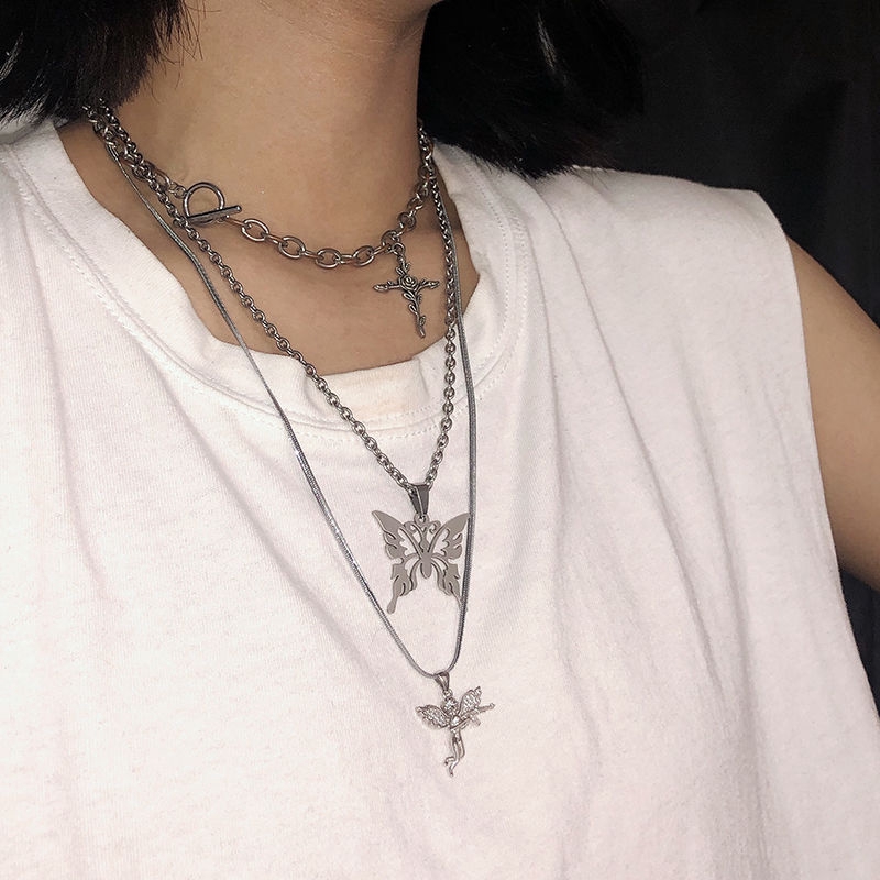 Dây Chuyền Dài Nhiều Lớp Mặt Hình Hoa Hồng Và Cánh Bướm Phong Cách Harajuku Hip Hop Thời Trang Cho Nam Và Nữ 22236