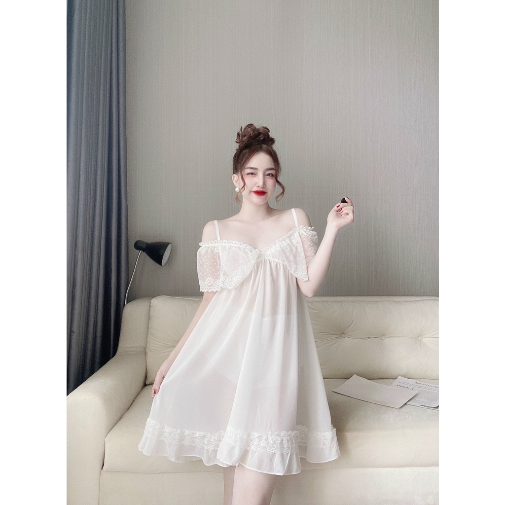 Váy Ngủ Sexy Nữ, Đầm Ngủ Chiffon Bẹt Vai Kèm Quần Dưới 70Kg