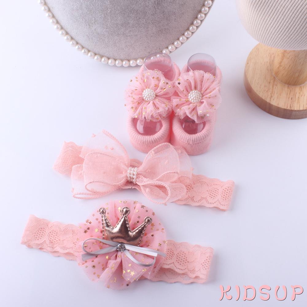 Set 3 Đôi Vớ + Băng Đô Nơ Cho Bé Gái Từ 0-12 Tháng Tuổi