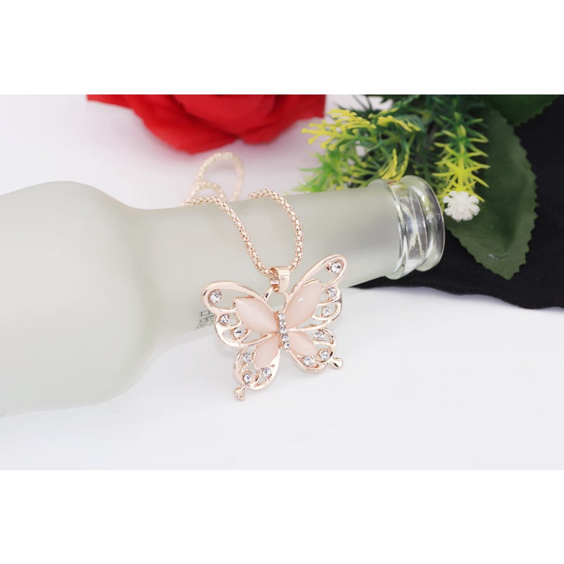 Fashion Women's Lady Pendant Necklace Women's Rose Gold Opal Butterfly Pendant Necklace Sweater Chain Jewellery Gift HBAR