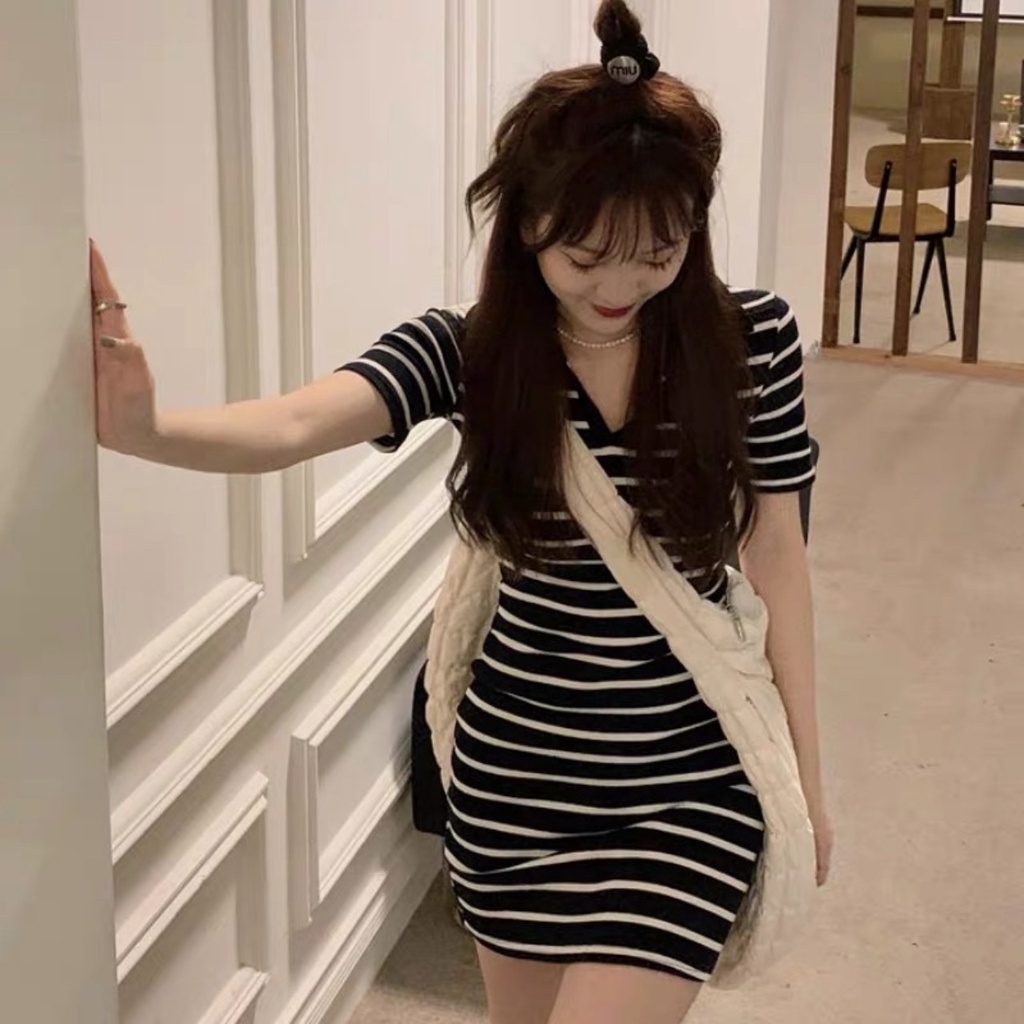 Đầm body sọc ngang ngắn tay cổ bẻ, Váy kẻ ôm body nữ dáng ngắn