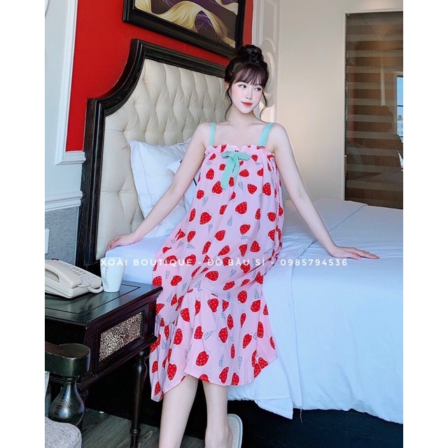 Váy Lanh 2 Dây Chun Ngực Họa Tiết Dễ Thương Bà Bầu Mặc Thoải Mái Mùa Hè Chất Mát HD1806 Honey Mommy Đầm Lanh Bầu [GIÁ SỈ