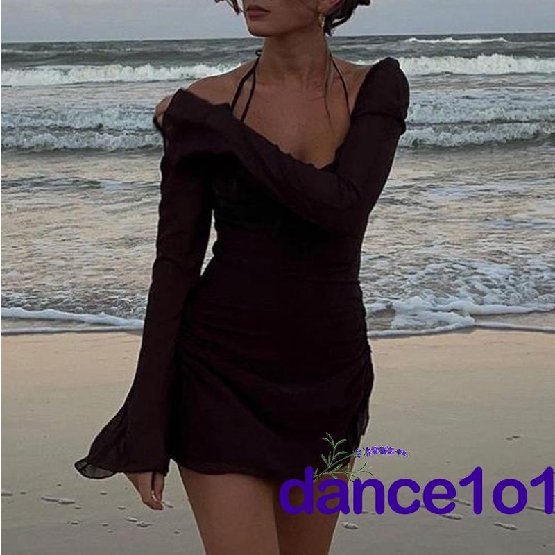 ✭QH★Women´s Solid Color Long Sleeve Drawstring Pleated Halter Neck Mini Dress