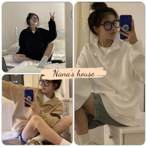 Áo Nỉ Cổ Bẻ Polo Trơn Nữ 🎁 Nana's House - FREESHIP 🎁 Sweater dài tay form rộng 3 màu basic, trẻ trung