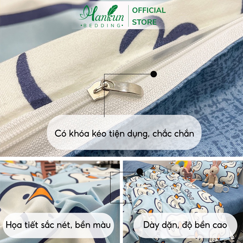 Bộ 4 món chăn ga gối cotton poly Hankun nhập khẩu hoạ tiết vịt xanh