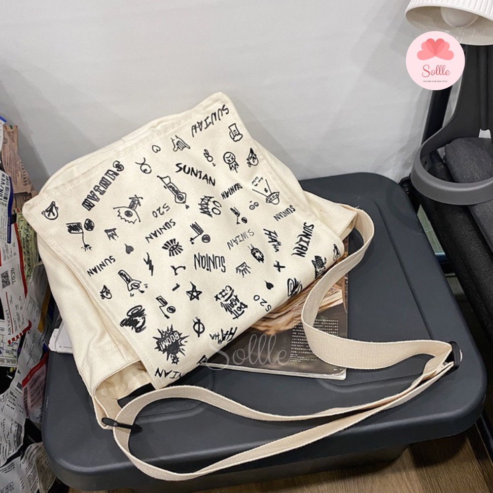Túi tote đeo chéo nam nữ đi học vải canvas cặp đeo vai unisex ulzzang hoạt hình Sollle