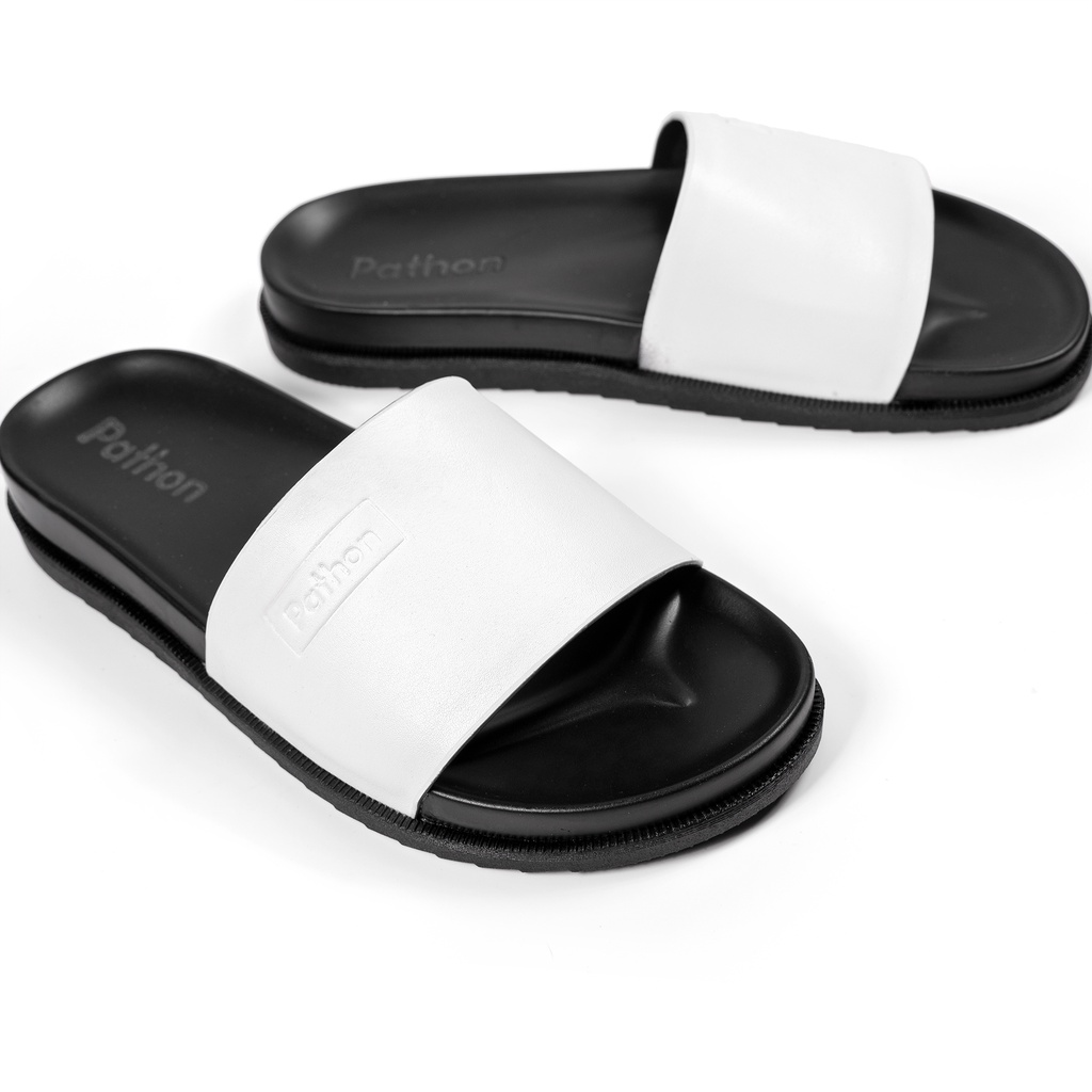Dép nam quai ngang slipper Pathon quai Microfiber và đế 2 lớp màu đen quai trắng SD21