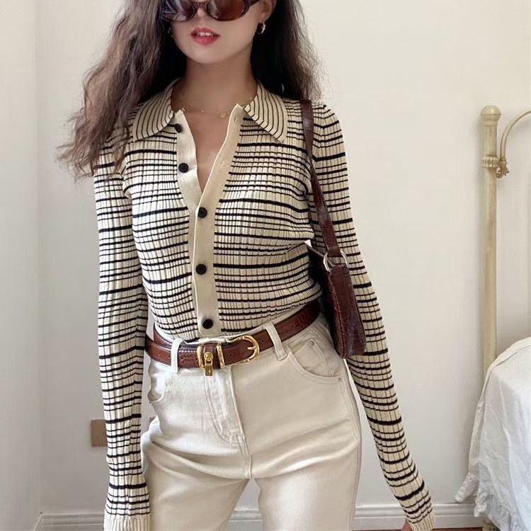 Áo kiểu SUXI dệt kim cổ polo dáng ôm màu tương phản phong cách cổ điển thời trang