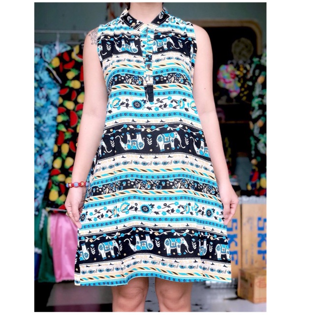 [45-55ky/size L]Đầm lanh mặc nhà siêu mát dáng suông cổ trụ