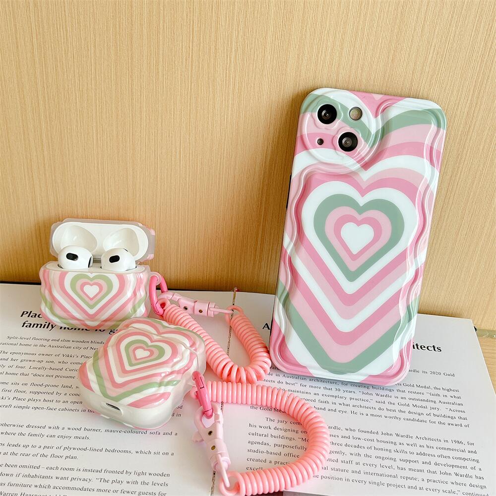Vỏ Bảo Vệ Hộp Sạc Tai Nghe Bluetooth AirPods 1 2 pro 3 2021 Bằng Silicon Tpu Mềm Họa Tiết Trái Tim Lượn Sóng Màu Hồng Dễ Thương