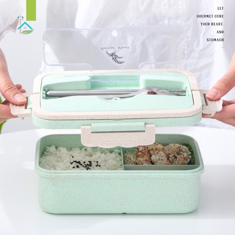 Hộp Đựng Cơm Lúa Mạch 3 Ngăn Dung Tích 1000ml kèm muỗng đũa inox | BigBuy360 - bigbuy360.vn