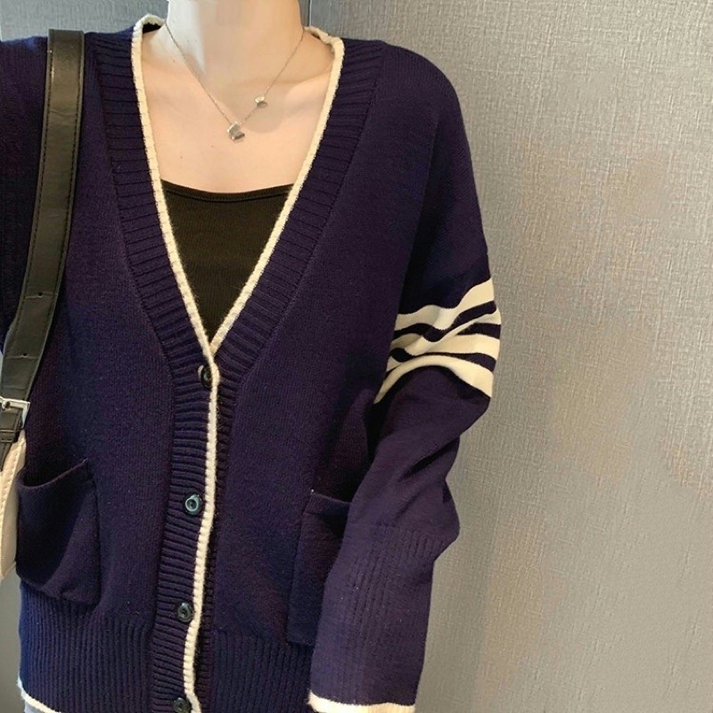 Áo khoác cardigan len dệt kim mềm mịn viền sọc cài khuy style Hàn