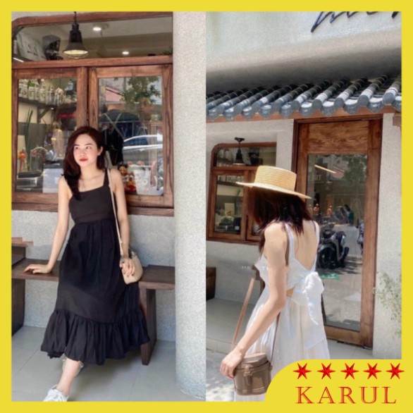 Váy 2 dây dài suông dáng xoè đi biển nơ lưng 2 màu,Váy hai dây dài suông dáng xoè hở lưng buộc nơ babydoll