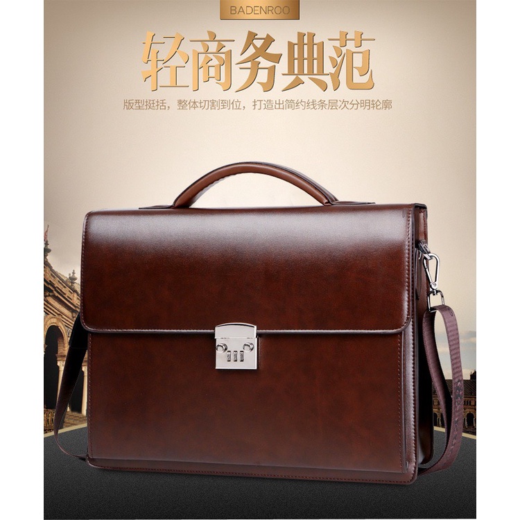 Túi xách cặp da bò công sở T23 khóa số 39x30x10cm đựng laptop 14inch (Nâu-Đen) | BigBuy360 - bigbuy360.vn