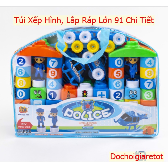 Túi xếp hình cảnh sát 91pcs, đồ chơi lắp ráp xếp hình có ô tô,máy bay cho bé sáng tạo vừa học vừa chơi