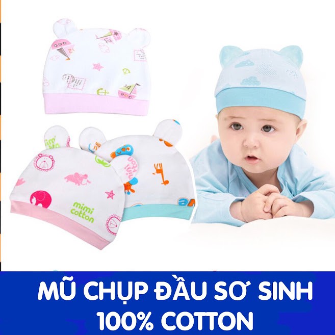 Mũ chụp đầu sơ sinh có tai - 100% cotton dày dặn