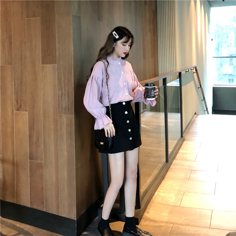 Xiaozhainv Áo sơ mi nữ tay dài màu trơn | BigBuy360 - bigbuy360.vn