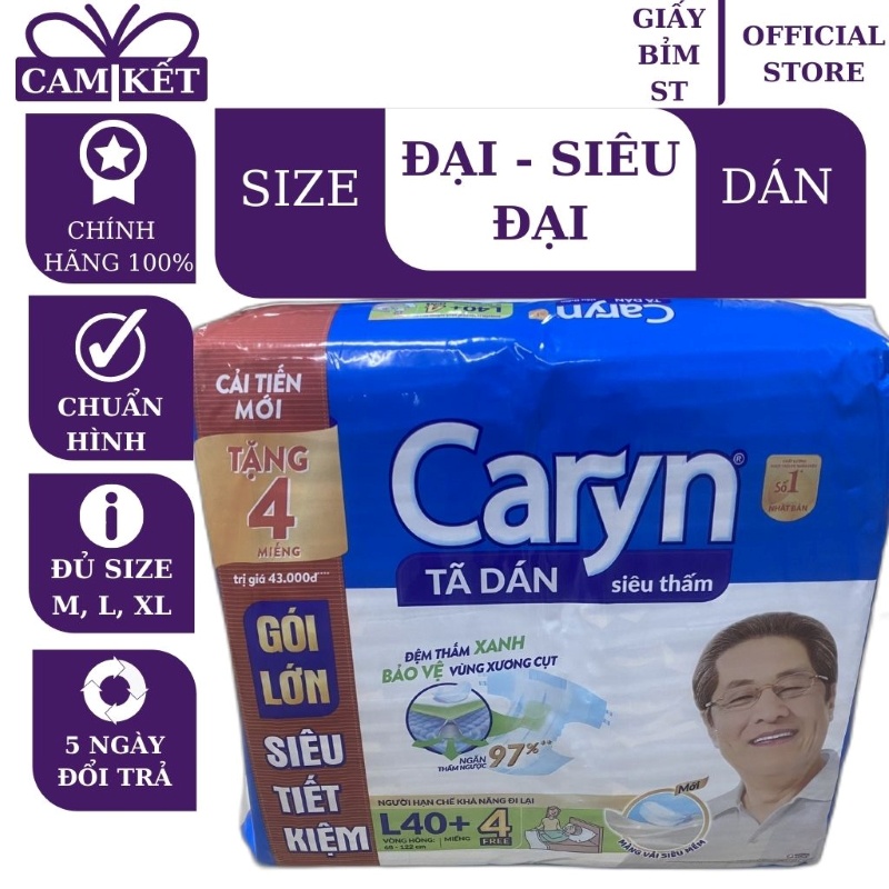 Bỉm dán Tã Dán người lớn, người già Caryn gói đại, siêu đại size M20 / L20 / XL10 / M40 / L40 Mỏng nhẹ