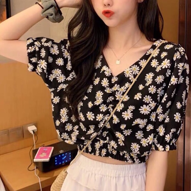 🔅Áo Cổ V Dún Ngực Hoa Cúc