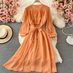 Đầm voan cổ V tay phồng phong cách Hepburn vintage Pháp cho nữ