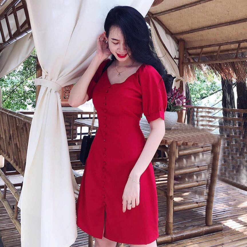 Đầm Nữ Cổ Tim Tay Phồng