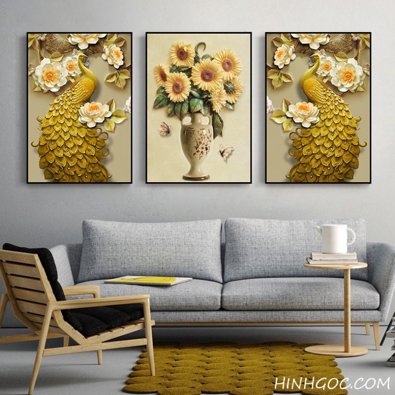 Tranh Treo Tường Phòng Khách Bộ 3 CHim Công/ Đôi Công Hoàng Kim Tráng Gương Phòng Ngủ Khách Sạn Decor Nhà Cửa Quà Tặng
