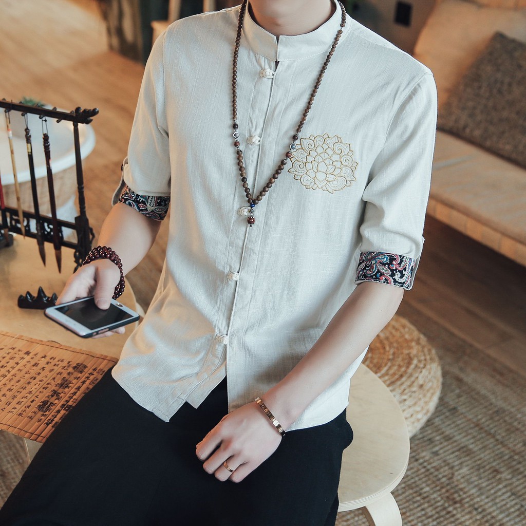 Áo sơ mi nam, tay lỡ, cổ đứng, chất thô, size lớn, phong cách dân tộc,kiểu dáng cổ điển HÀNG XỊN