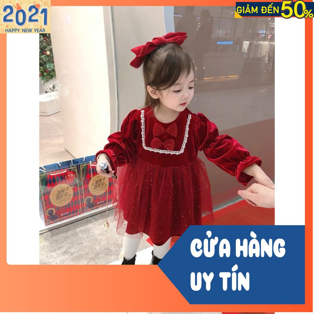 VÁY NHUNG ĐỎ 2 NƠ VIỀN TRẮNG CHO BÉ