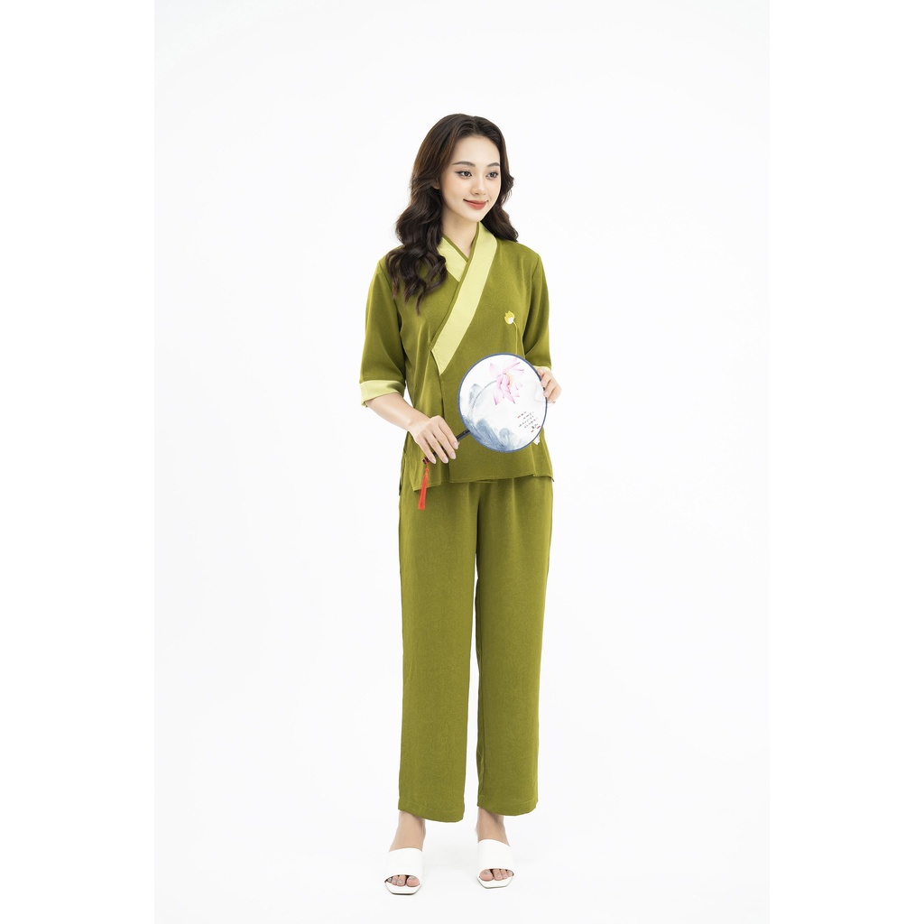 Bộ Đồ Lam Đi Chùa VADESI Bộ Thư Pháp Phật Tử Cài Chéo Tay Lỡ Lụa Tằm Pháp Cao Cấp Thêu Hoa Sen Không Nhăn Thanh Lịch