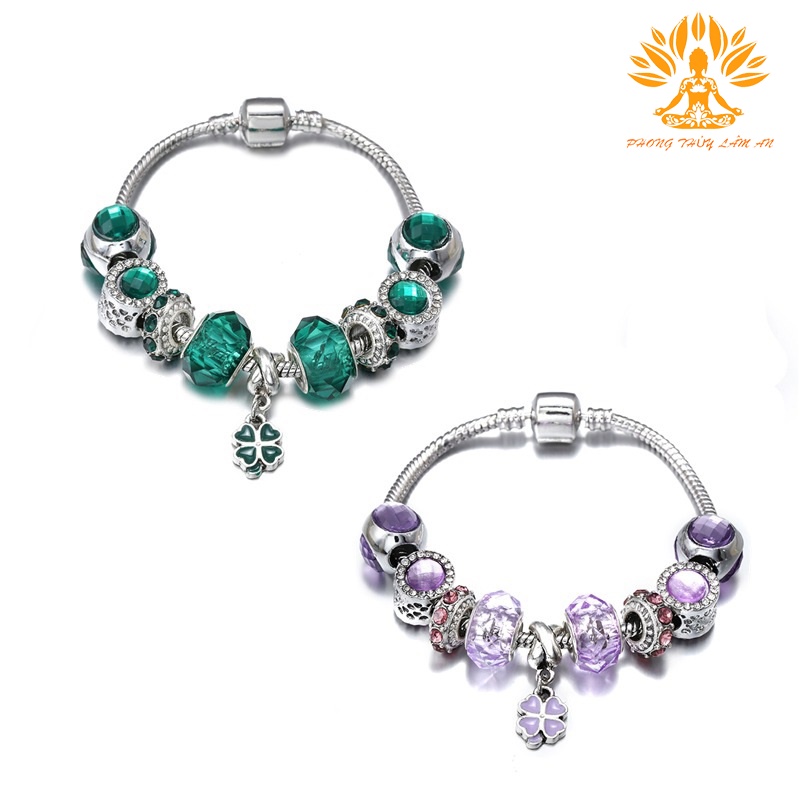 VÒNG TAY ĐÁ PHONG CÁCH PANDORA PANJIA CỎ 4 LÁ CÁ TÍNH TRẺ TRUNG TẶNG KÈM HỘP GẤM CAO CẤP