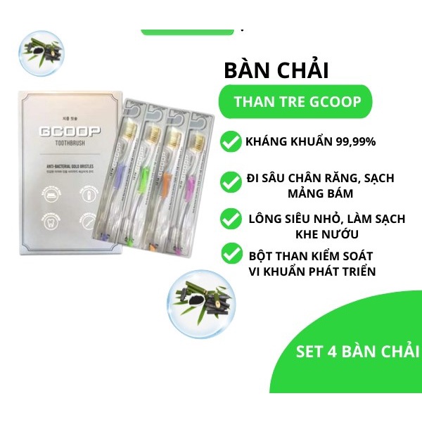 Set bàn chải đánh răng THAN TRE GCOOP Kháng Khuẩn đến 99,99% HÀN QUỐC(4 cái)