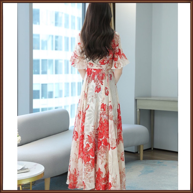 Đầm Dài Cổ Chữ V Tay Ngắn Họa Tiết Hoa Thời Trang Cho Nữ