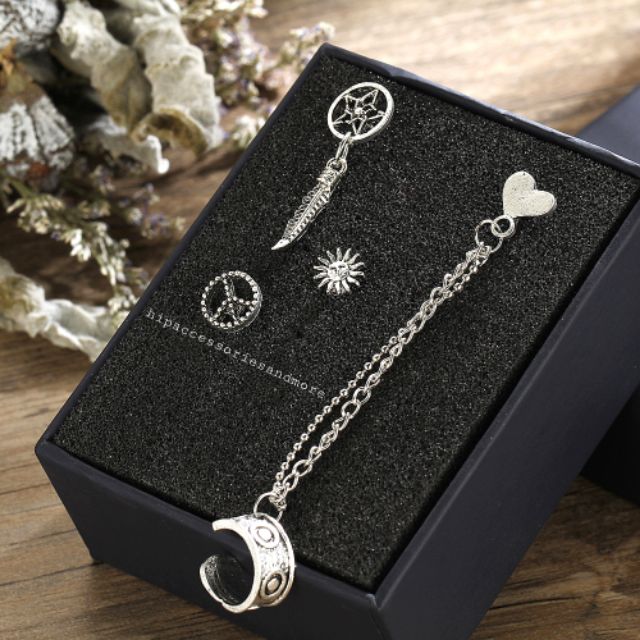 Set khuyên tim xích vòng + 3 khuyên lẻ