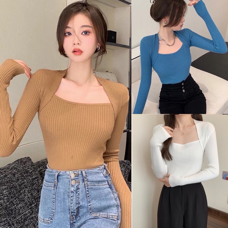 [FREESHIP] Áo len dệt kim cổ vuông tay dài QC 4 màu trắng/đỏ/nâu/xanh NÀNG CLOSET