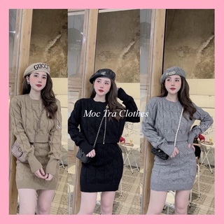 Set len nữ dài tay Quảng Châu thiết kế gồm áo len dài tay và chân váy ngắn ôm body, Set áo váy len thừng nữ siêu xinh
