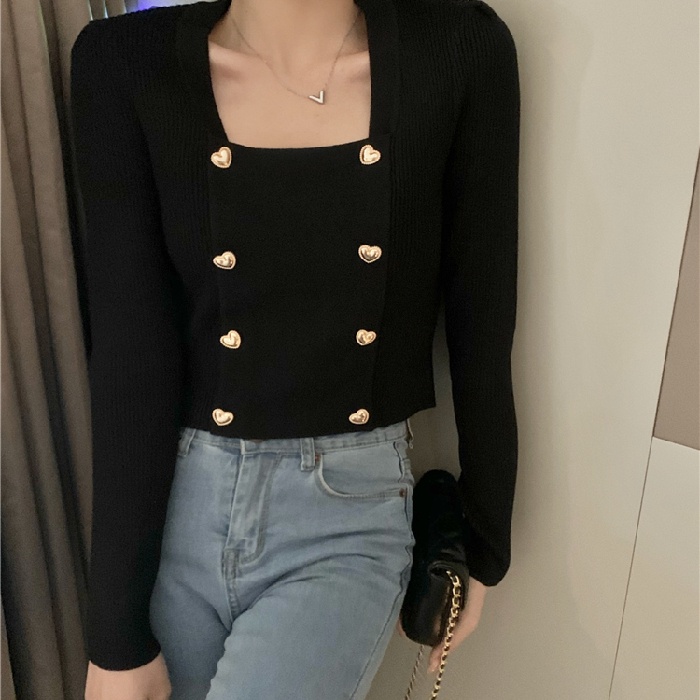 Áo dệt kim ZHELIHANGFEI tay dài cổ vuông phối nút cài thời trang xinh xắn cho nữ