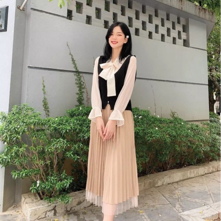 [Quà tặng là chun tóc nữ tính màu] Chân váy xếp ly phối voan 2 lớp mặc được 2 kiểu Junnie Closet CV midi voan silk cát