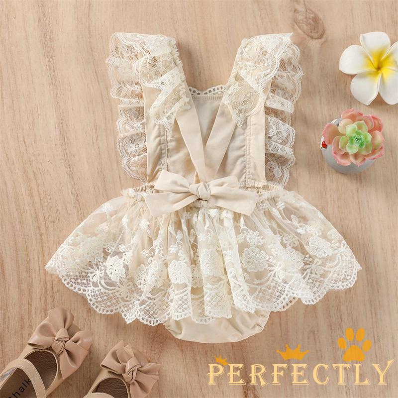 PEF-Baby Girls Summer Romper, Plain Floral Lace Embroidery Skirt Layered Adjustable Straps Snap Triangle-Bottom